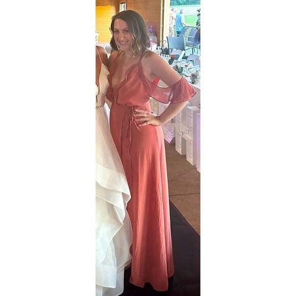 TOBI Off the Shoulder Deep V Neck Maxi Wrap Dress in with Slit Burnt Orange - Picture 2 of 7